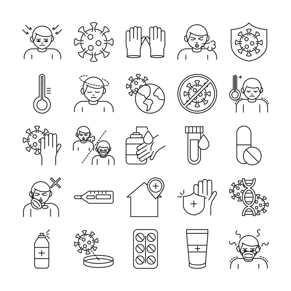 covid 19 coronavirus prevention spread outbreak pandemic line style icons set vector