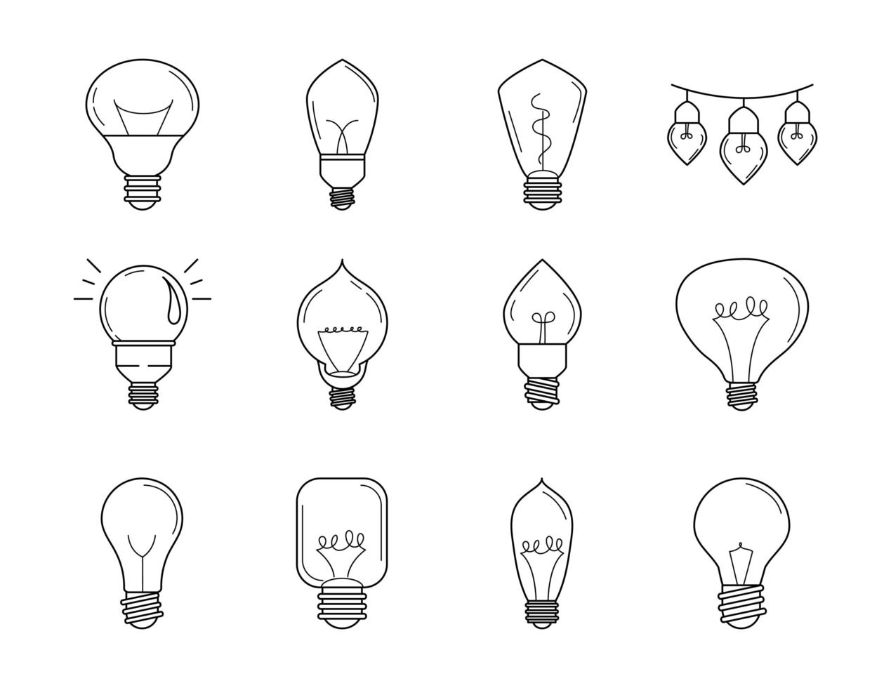 electric light bulb eco idea metaphor isolated line style icons set vector