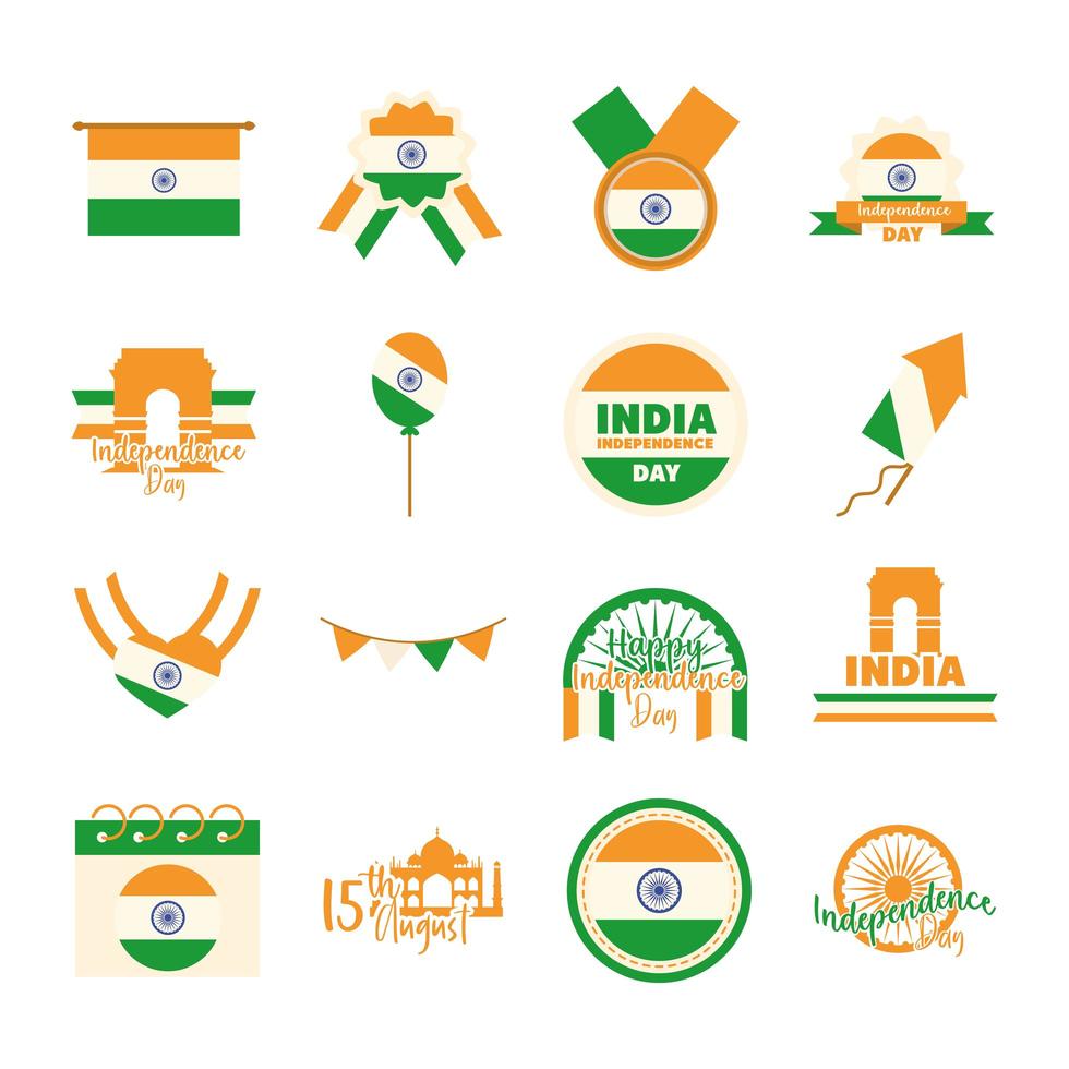 feliz día de la independencia india celebración de la libertad iconos nacionales establecidos estilo plano vector