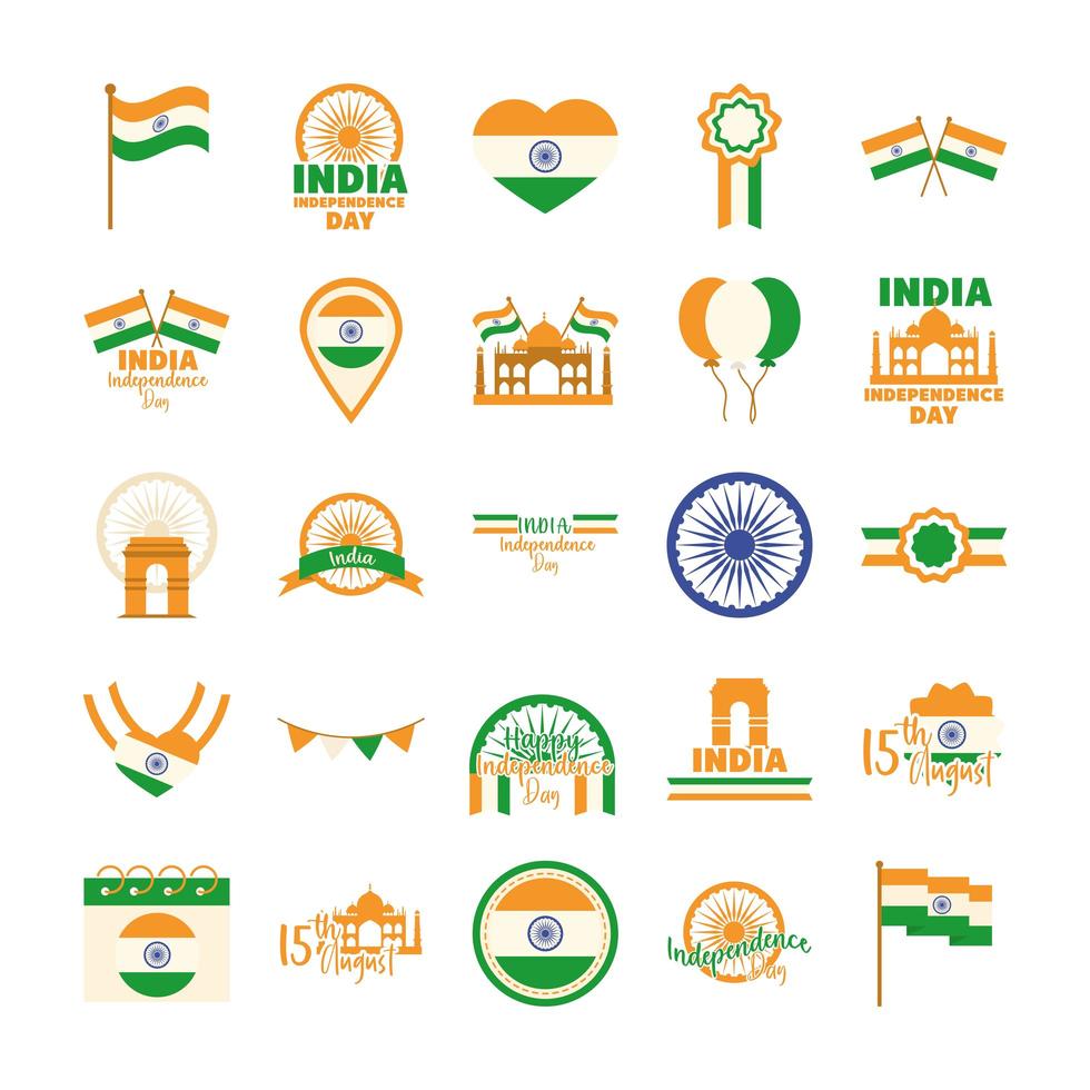 feliz día de la independencia india celebración de la libertad iconos nacionales establecidos estilo plano vector