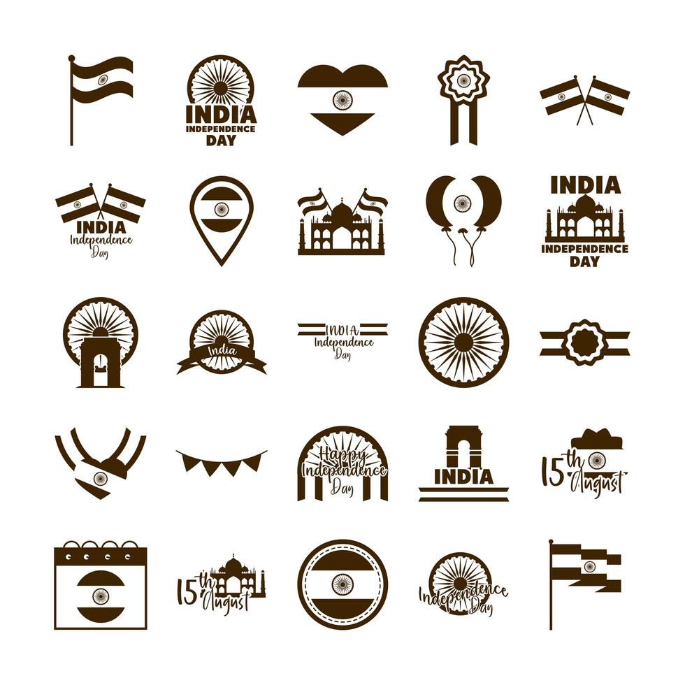 feliz día de la independencia india celebración de la libertad iconos nacionales establecidos estilo plano vector