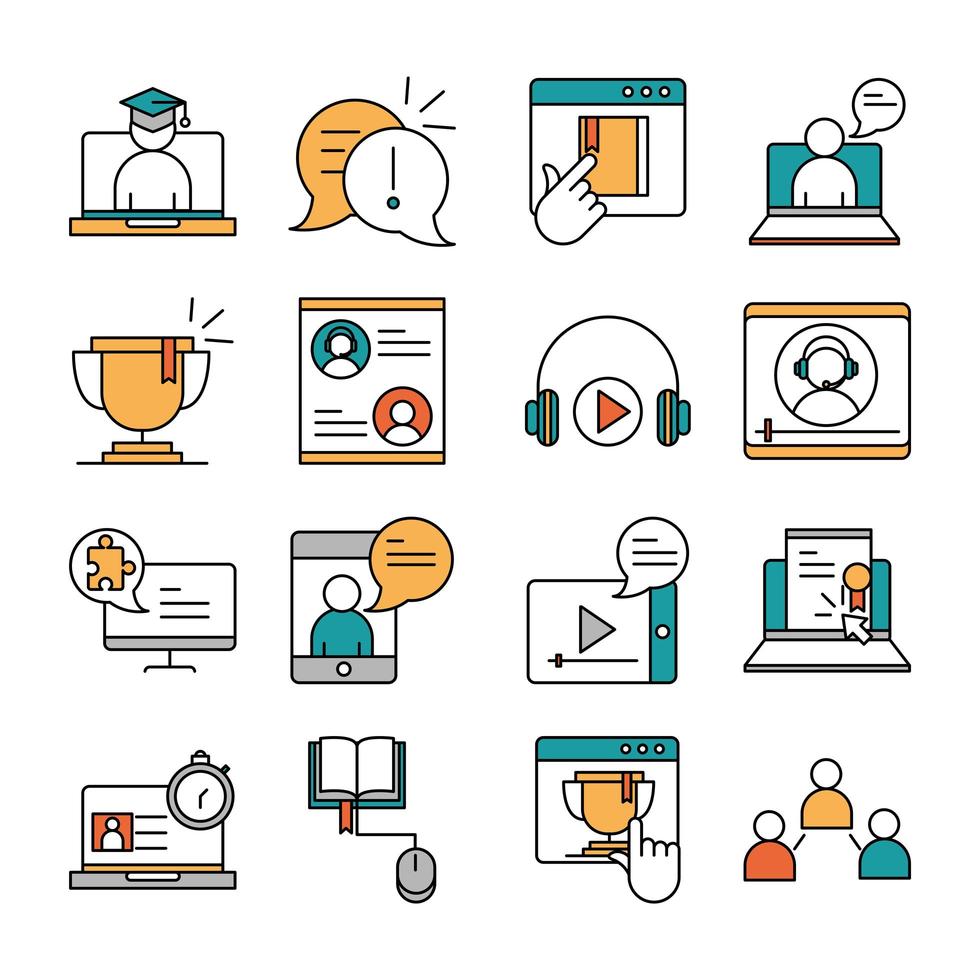 online education website and mobile training courses icons set line and fill icon vector