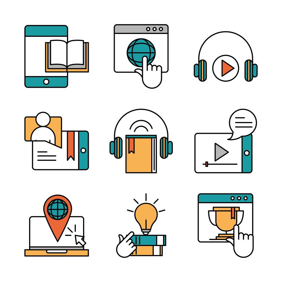 online education website and mobile training courses icons set line and fill icon vector