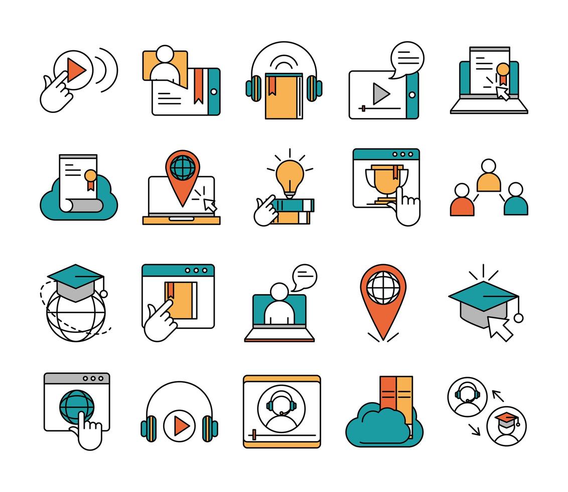 online education website and mobile training courses icons set line and fill icon vector