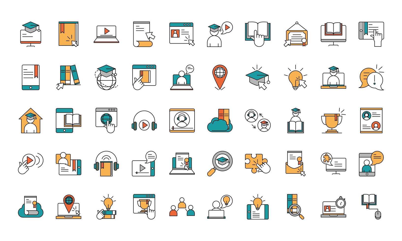 online education website and mobile training courses icons set line and fill icon vector