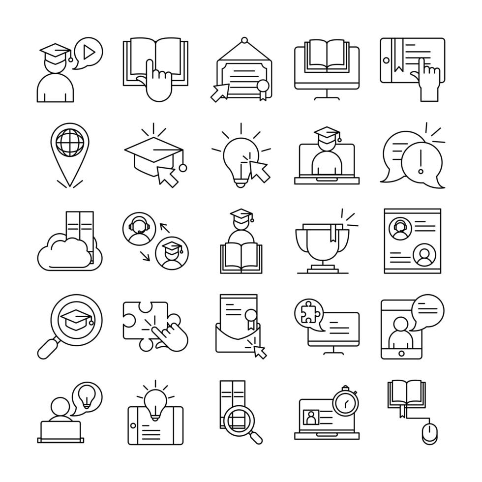 online education website and mobile training courses icons set line style icon vector