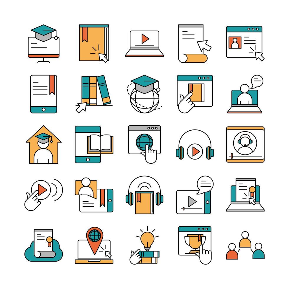 online education website and mobile training courses icons set line and fill icon vector