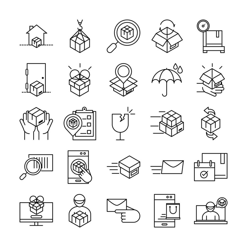 delivery packaging cargo distribution logistic shipment of goods icons set line style design vector