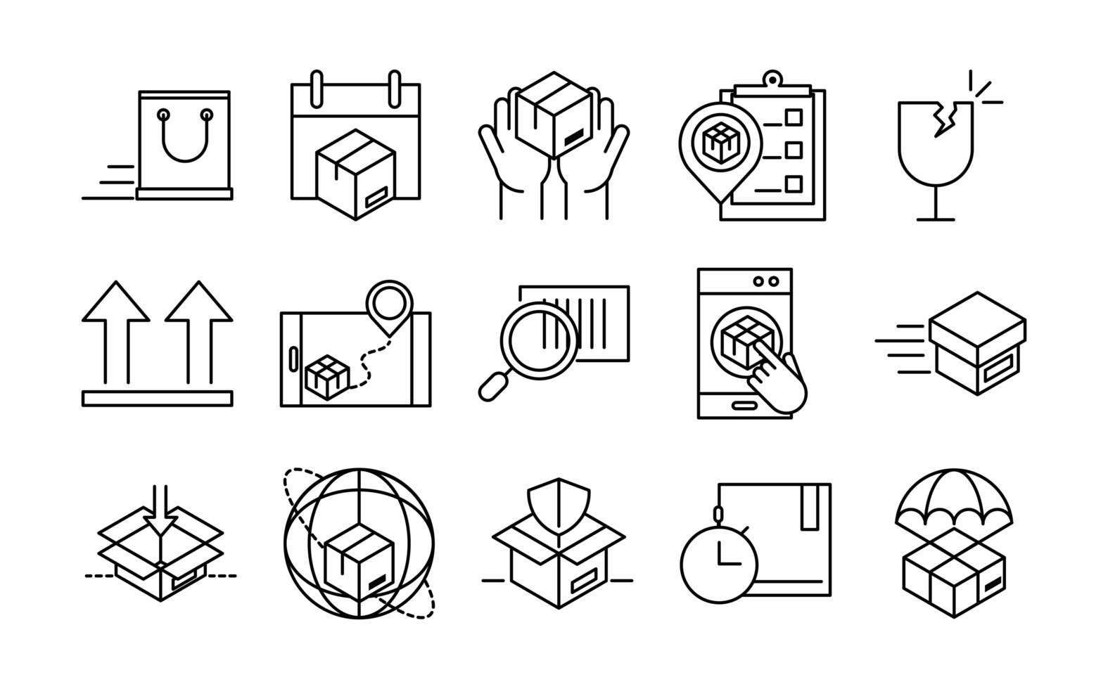 delivery packaging cargo distribution logistic shipment of goods icons set line style design vector