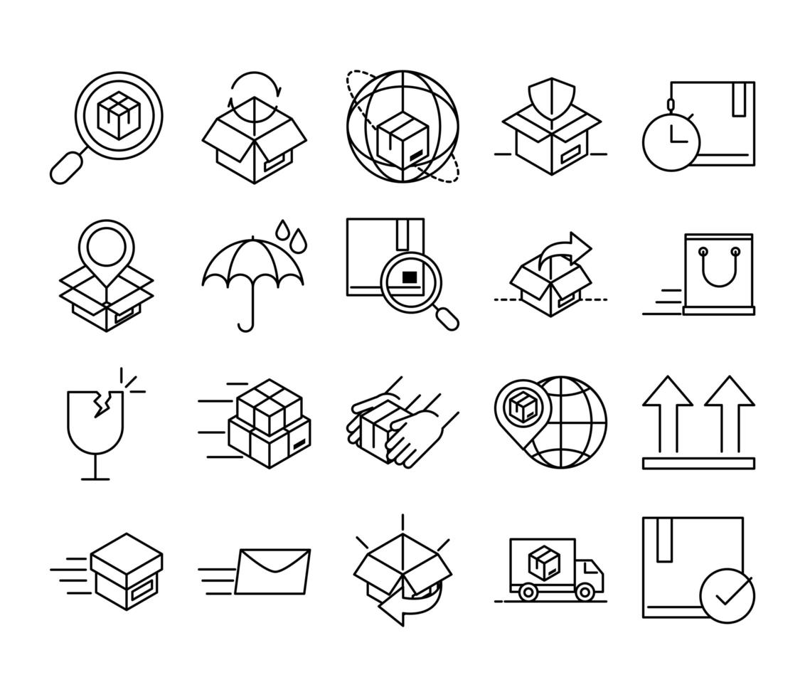 delivery packaging cargo distribution logistic shipment of goods icons set line style design vector