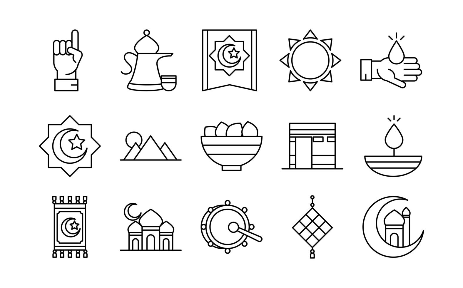 Los iconos tradicionales de celebración religiosa islámica de eid mubarak establecen estilo plano vector