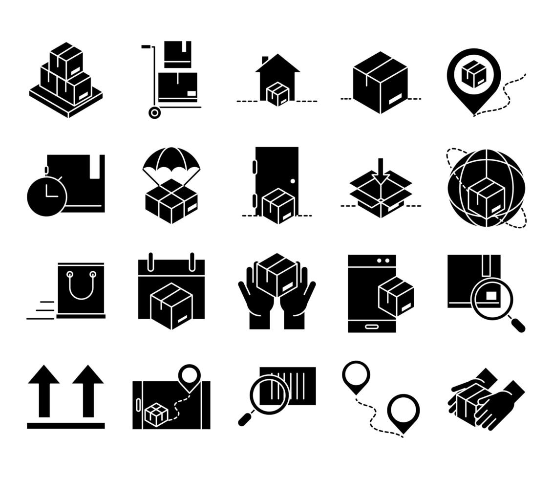 delivery packaging cargo distribution logistic shipment of goods icons set line style design vector