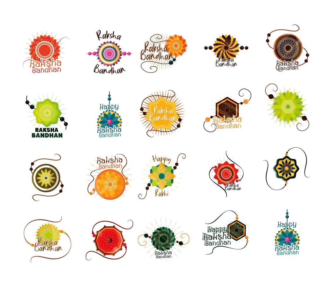 raksha bandhan traditional indian wristband of love between brothers and sisters icons set vector