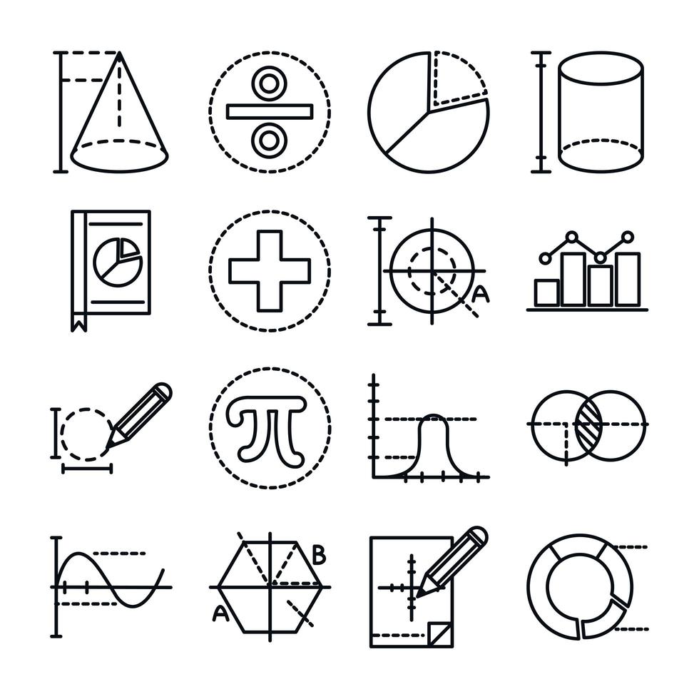 línea de colección de iconos de ciencia de la escuela de educación matemática y estilo vector