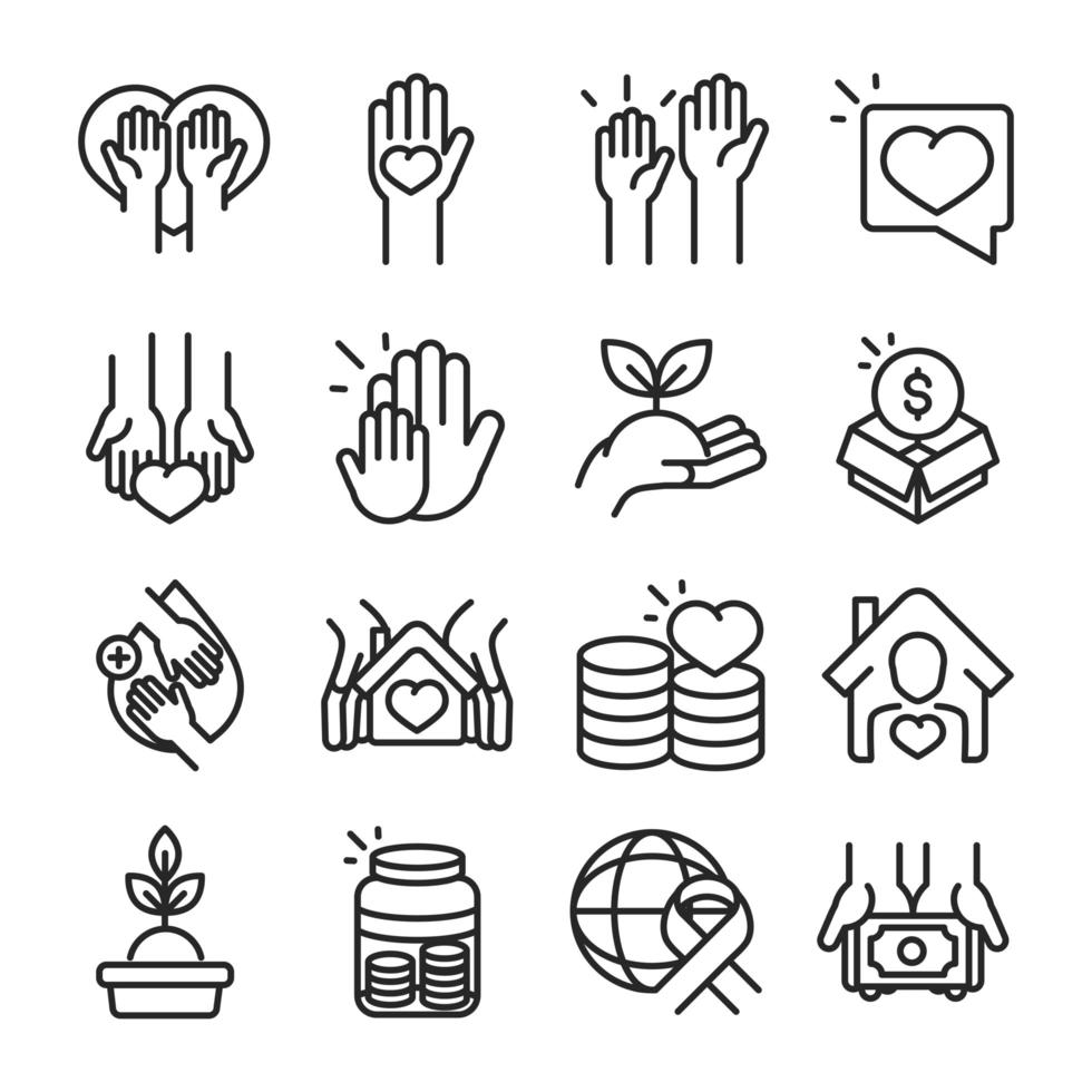 donation charity volunteer help social assistance icons collection line style vector
