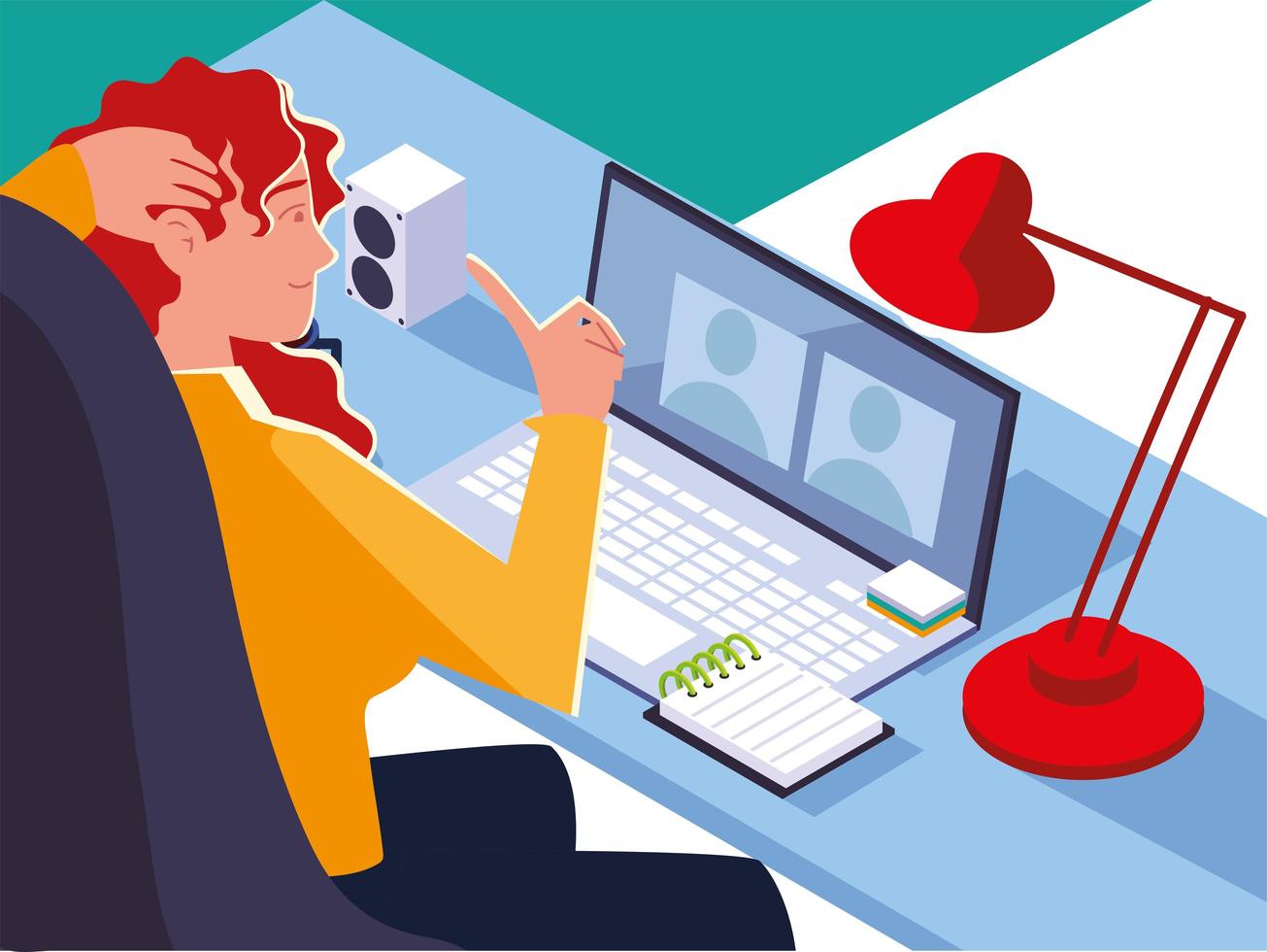 woman working in office behind her desk with desktop computer, workspace vector