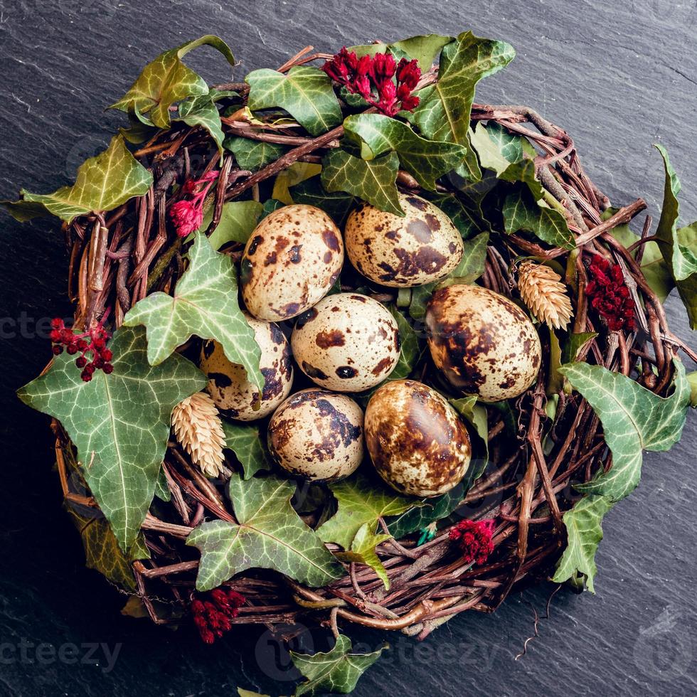 Easter eggs with decoration.Quail eggs in a bird nest. photo