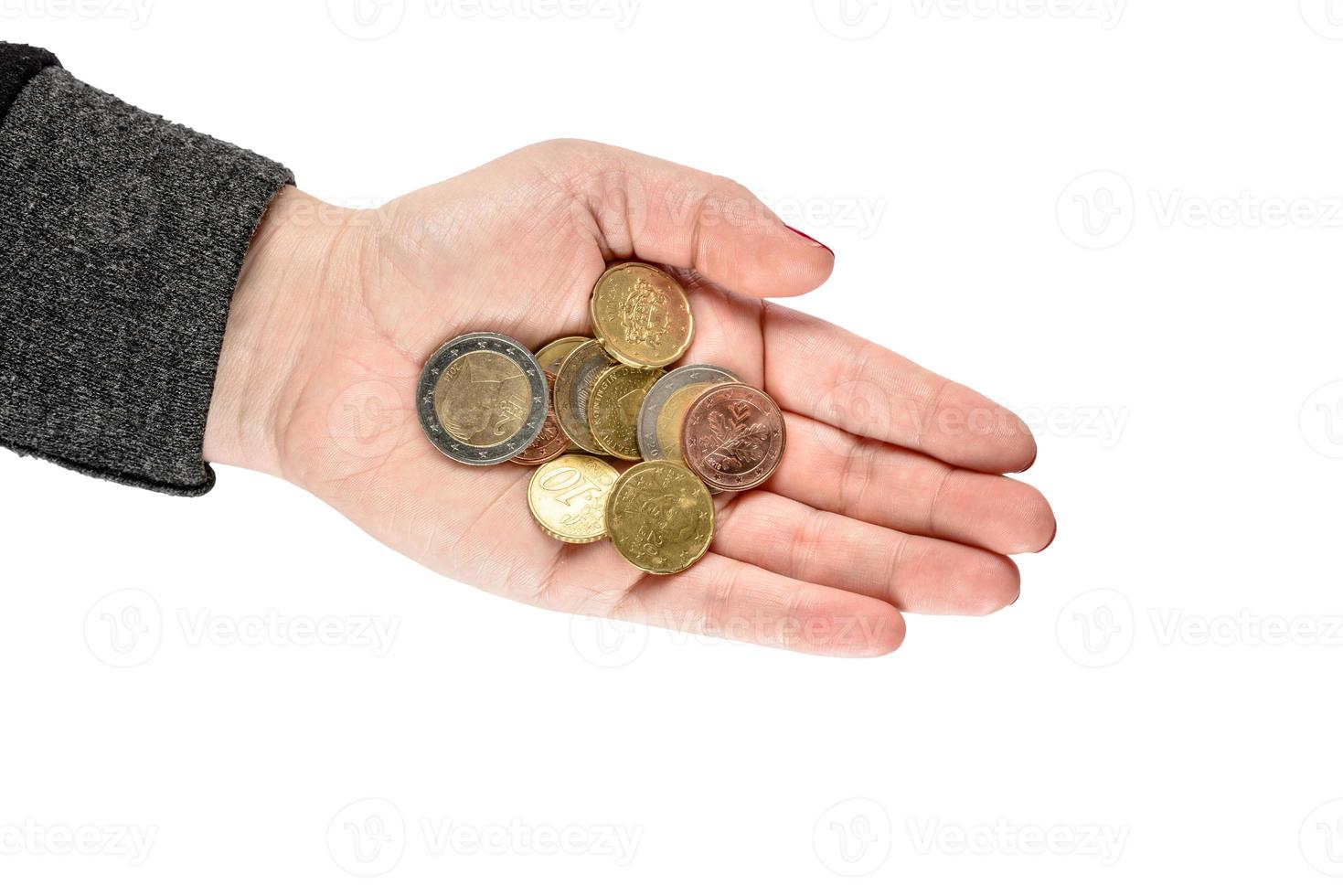 Hand with euro cent coins. Woman hands with coins. photo