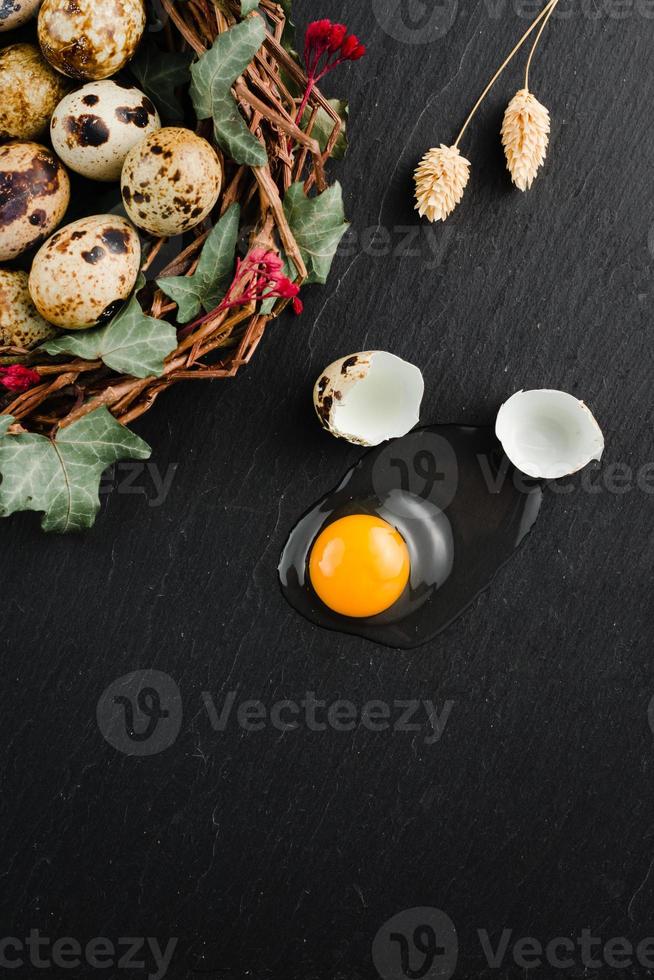 Quail eggs on black stone background, broken, cracked quail egg, yolk of quail egg. Organic product. photo