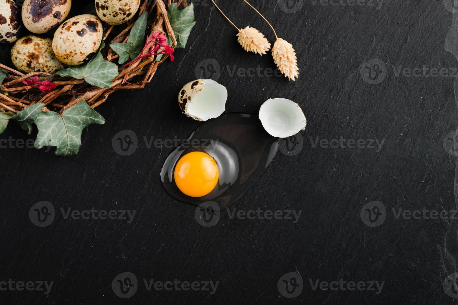 Quail eggs on black stone background, broken, cracked quail egg, yolk of quail egg. Organic product. photo