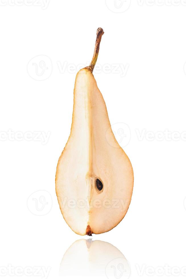 Half of Williams or Bartlett pear, slice, isolated on white background with drop shadow. photo