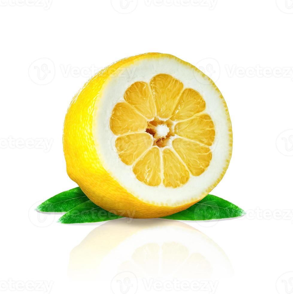 Lemon with leaves isolated on white background with drop shadow. photo