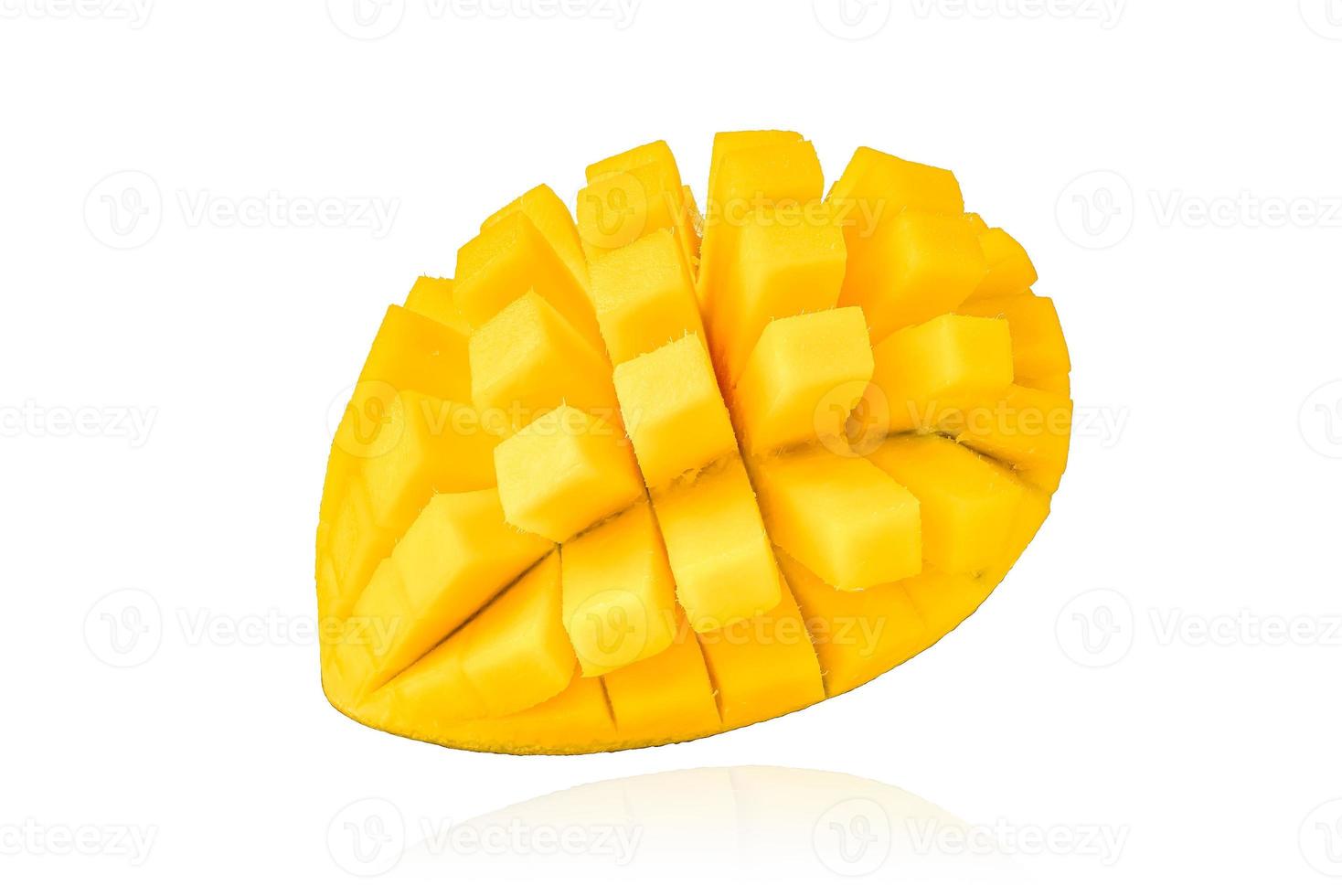 Piece of mango, slice, isolated on white background with drop shadow. photo