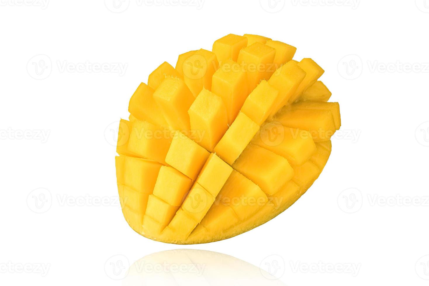 Piece of mango, slice, isolated on white background with drop shadow. photo