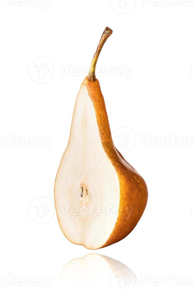 Half of Williams or Bartlett pear, slice, isolated on white background with drop shadow. photo