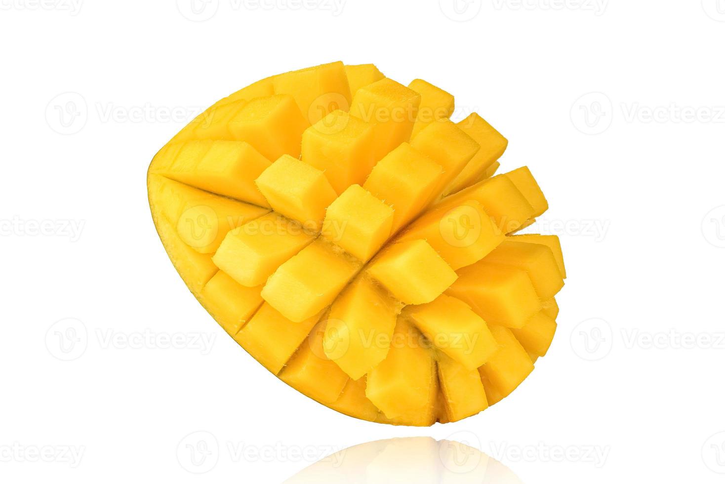 Piece of mango, slice, isolated on white background with drop shadow. photo