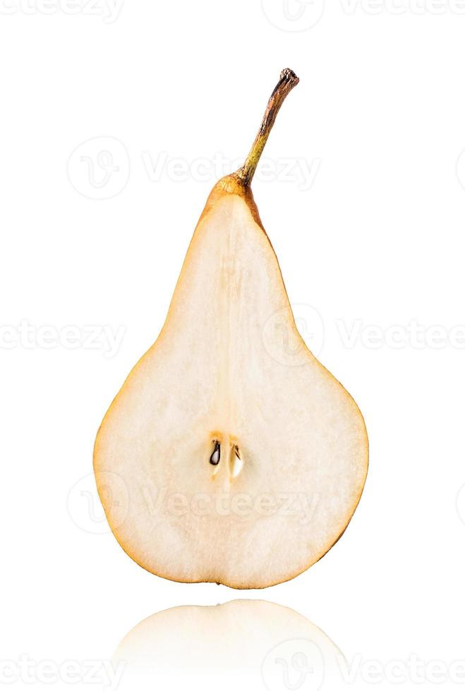 Half of Williams or Bartlett pear, slice, isolated on white background with drop shadow. photo