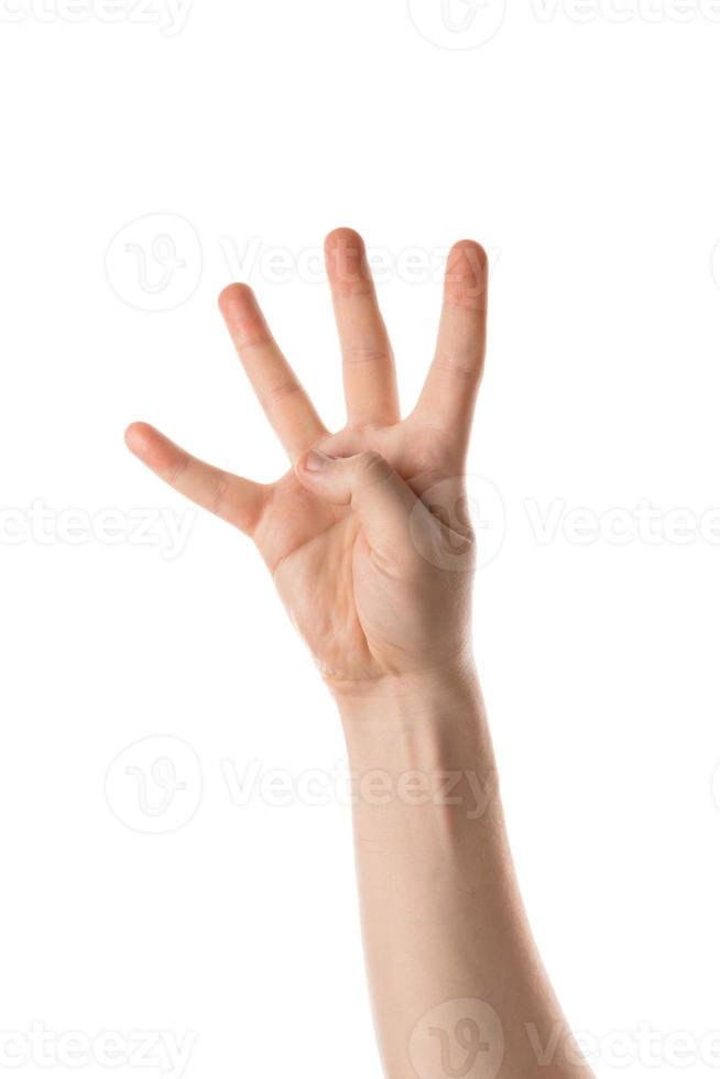 Man showing a numbers with a hand gesture. Isolated on white background. photo