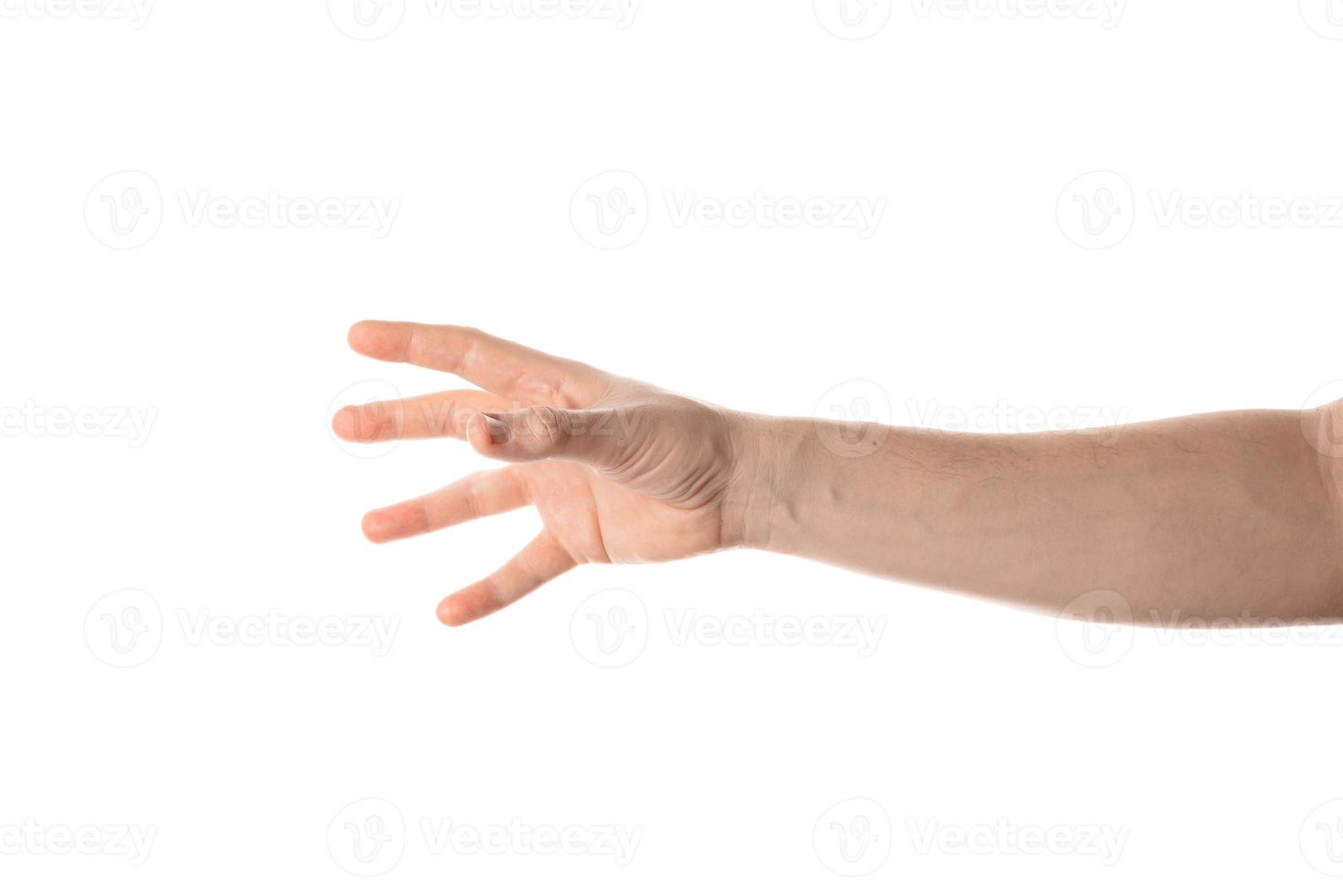 Man with open hand gesture. Isolated on white background. photo