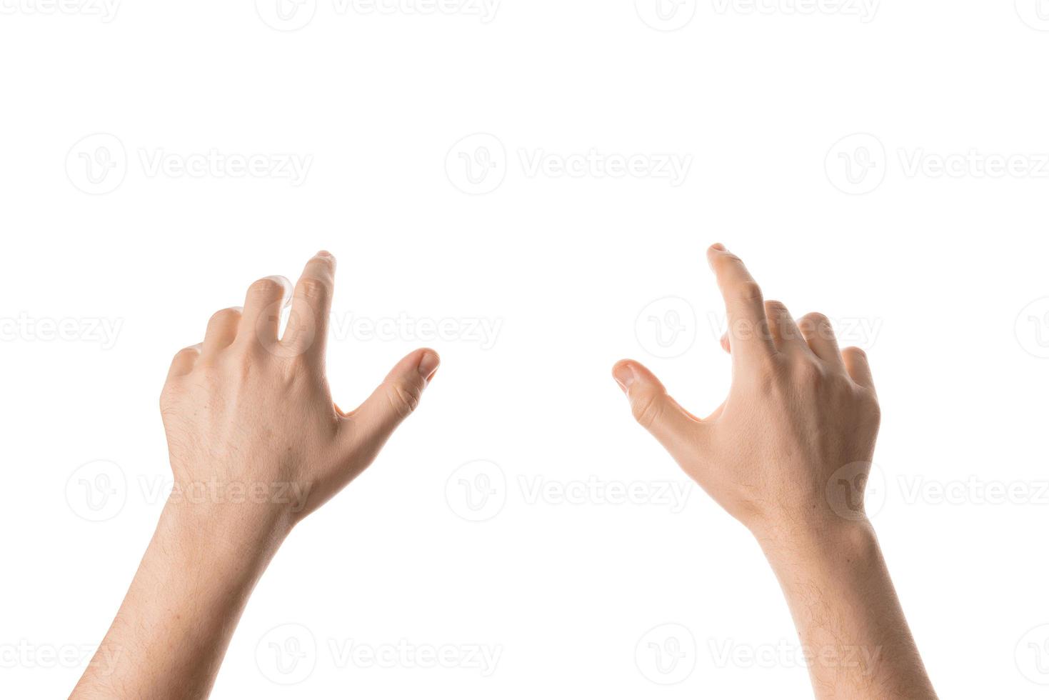 Man hand hold, grab or catch some object, hand gesture. Isolated on white background. photo