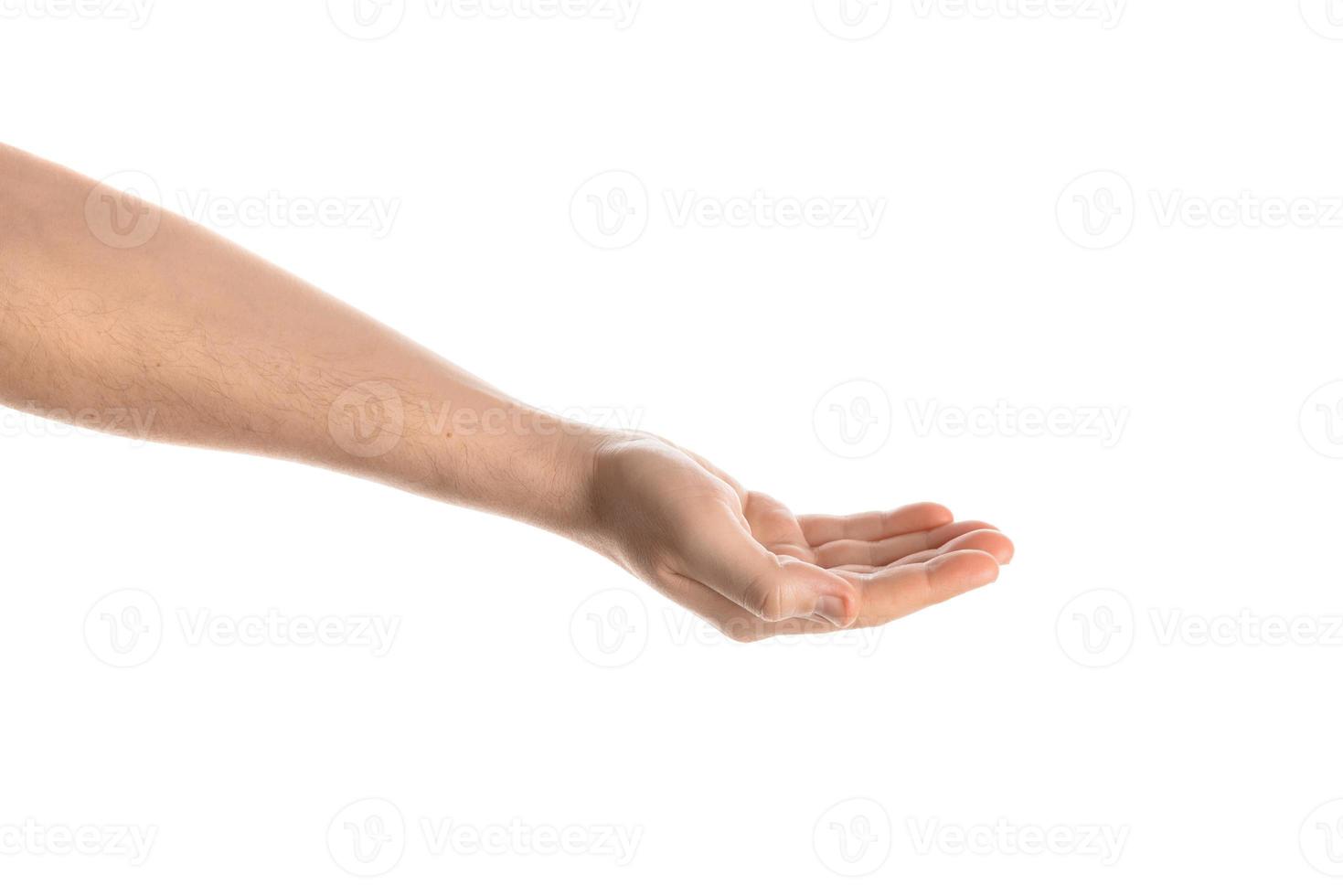 Man hand hold, grab or catch some object, hand gesture. Isolated on white background. photo