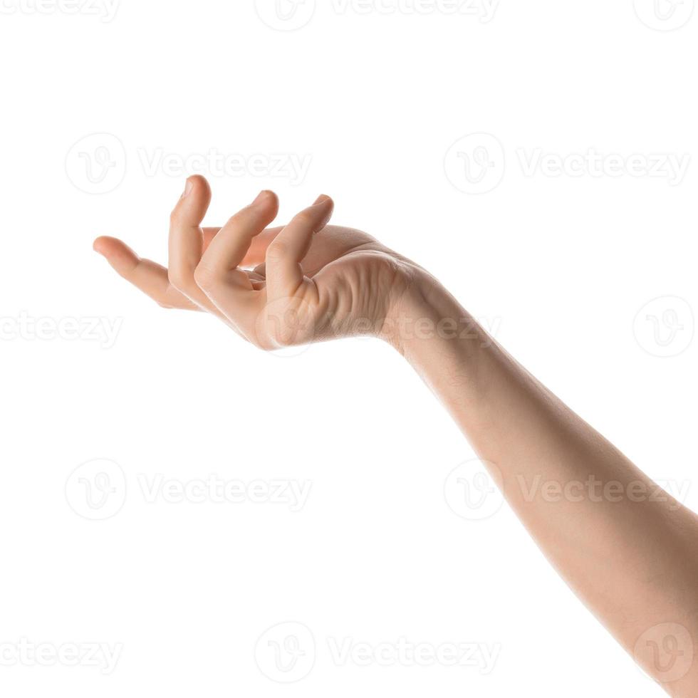 Man hand hold, grab or catch some object, hand gesture. Isolated on white background. photo