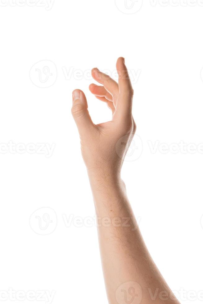 Man hand hold, grab or catch some object, hand gesture. Isolated on white background. photo