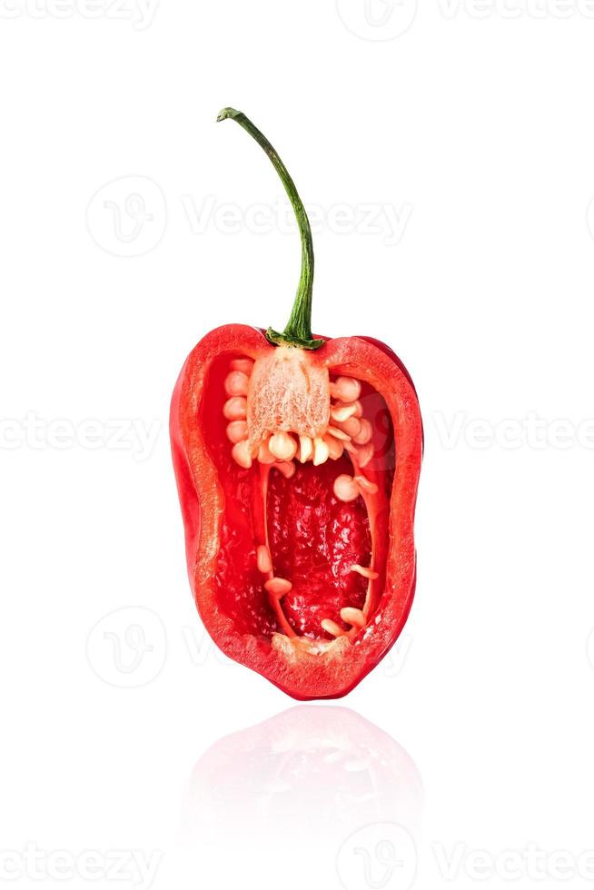 Half of red Habanero pepper, slice, isolated on white background with drop shadow. photo