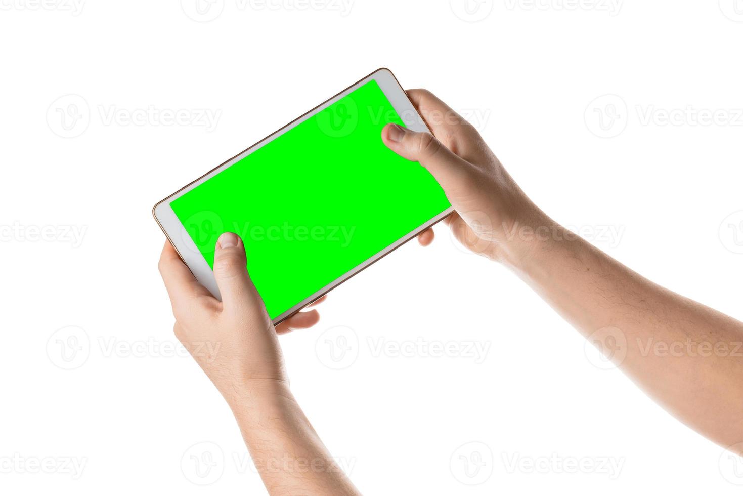 Man hold and touching the blank screen on the white tablet. Isolated screen with chroma key and all isolated on white background. photo