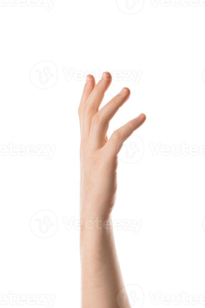 Man hand hold, grab or catch some object, hand gesture. Isolated on white background. photo