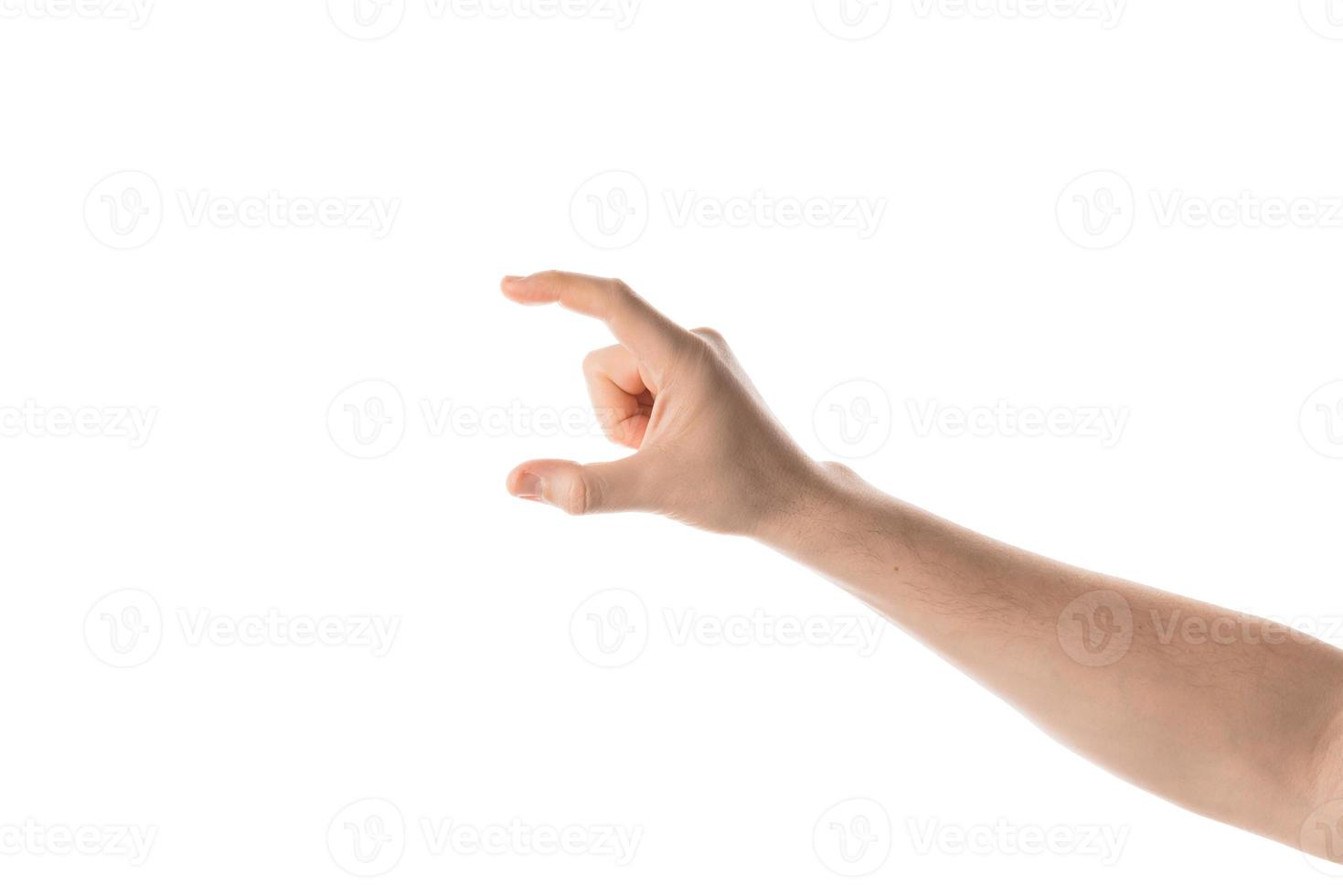 Man hand hold, grab or catch some object, hand gesture. Isolated on white background. photo