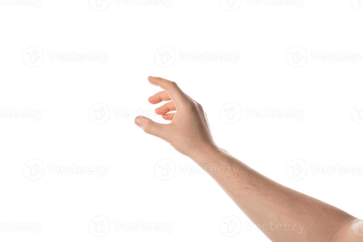 Man hand hold, grab or catch some object, hand gesture. Isolated on white background. photo