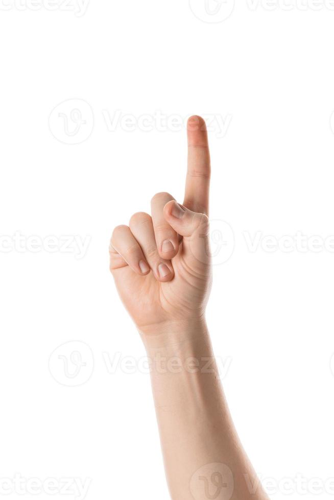 Man showing a numbers with a hand gesture. Isolated on white background. photo