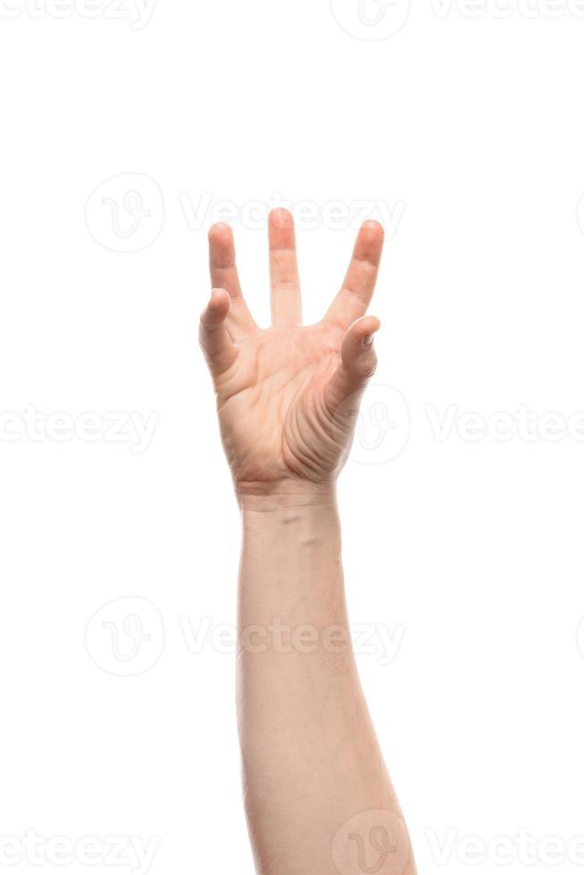 Man hand hold, grab or catch some object, hand gesture. Isolated on white background. photo