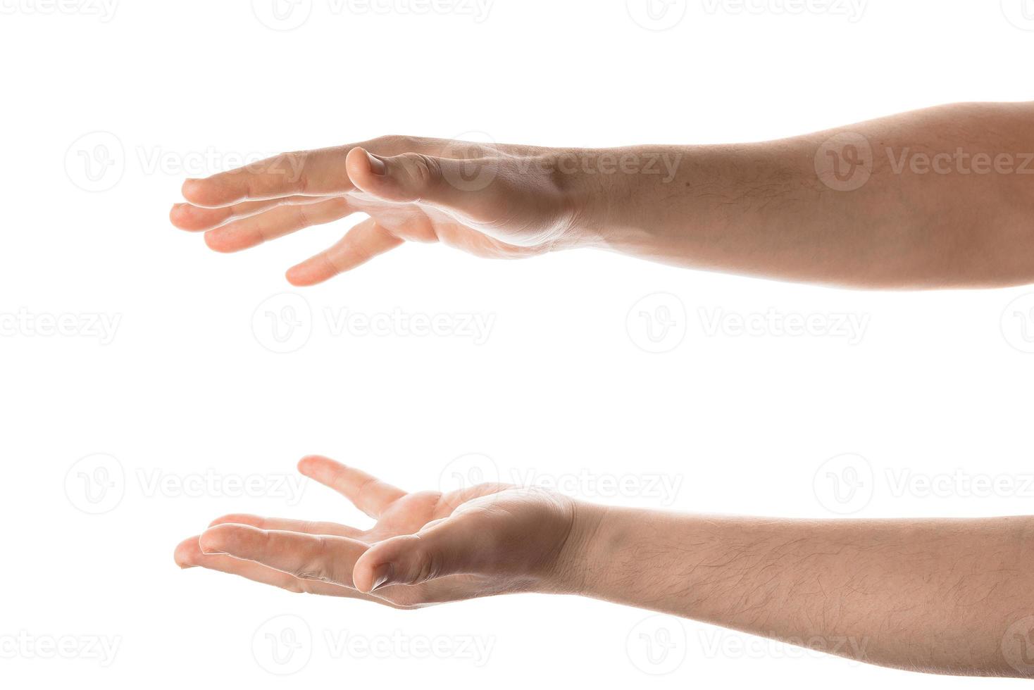 Man hand hold, grab or catch some object, hand gesture. Isolated on white background. photo
