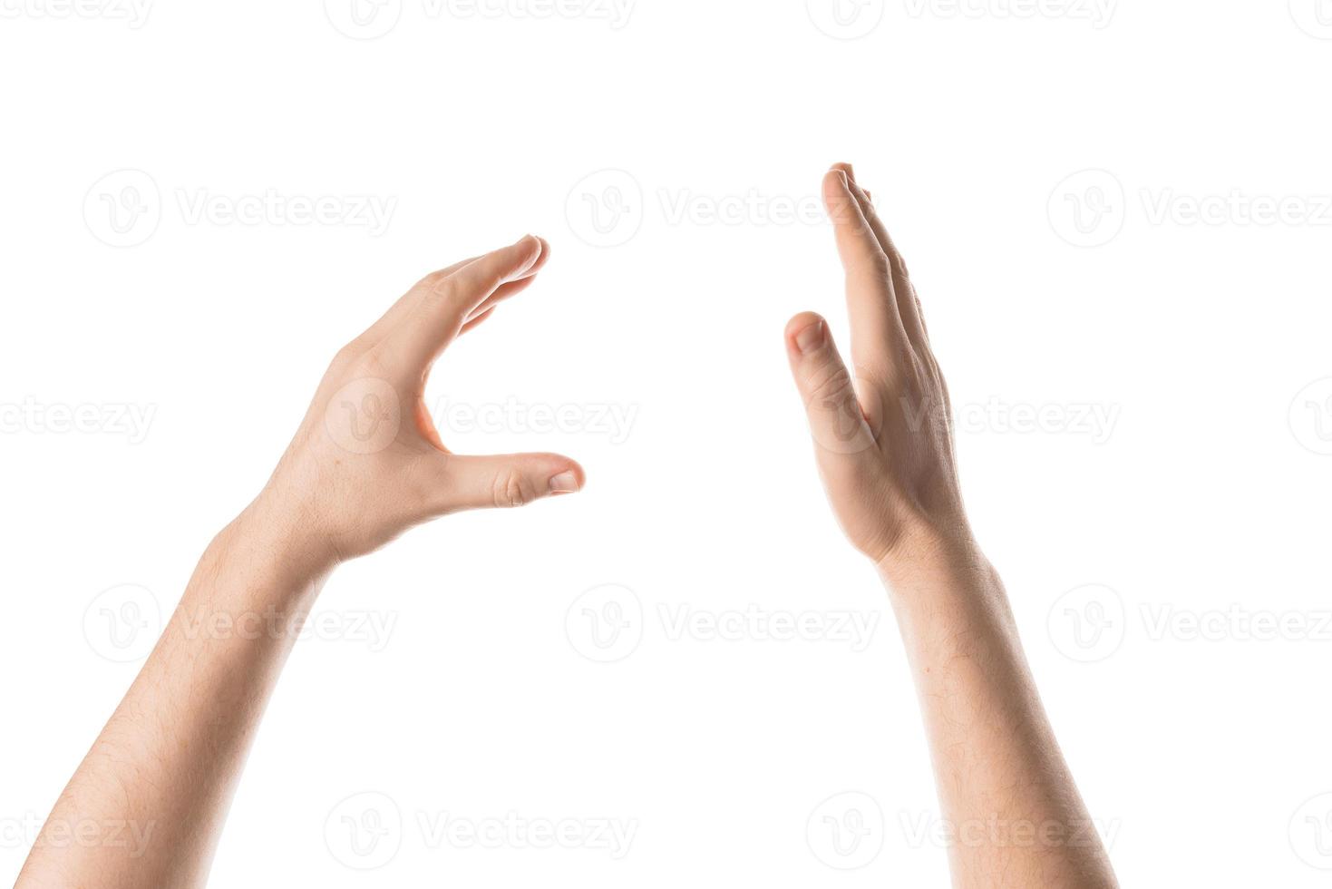 Man hand hold, grab or catch some object, hand gesture. Isolated on white background. photo