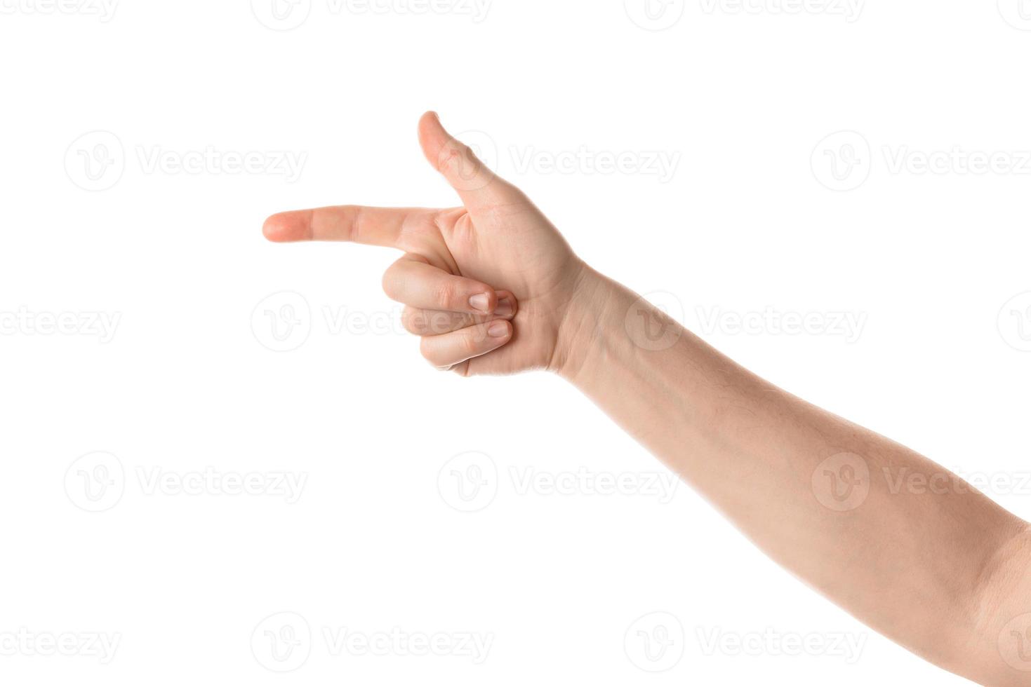 hombre mantenga los dedos cruzados, gesto de la mano. aislado sobre fondo blanco. foto