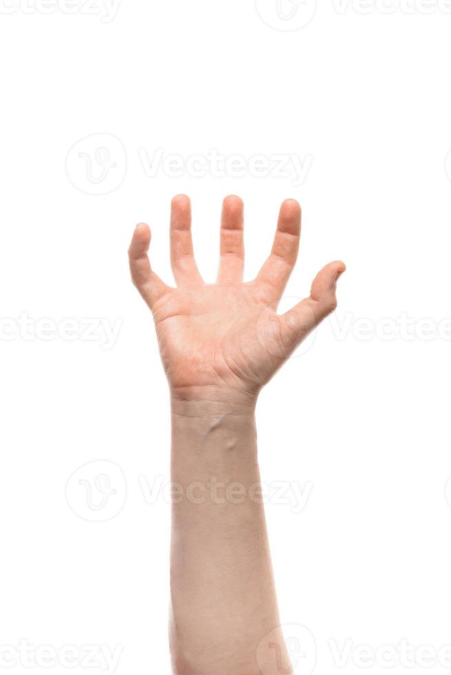 asimiento de la mano del hombre, agarrar o atrapar algún objeto, gesto de la mano. aislado sobre fondo blanco. foto