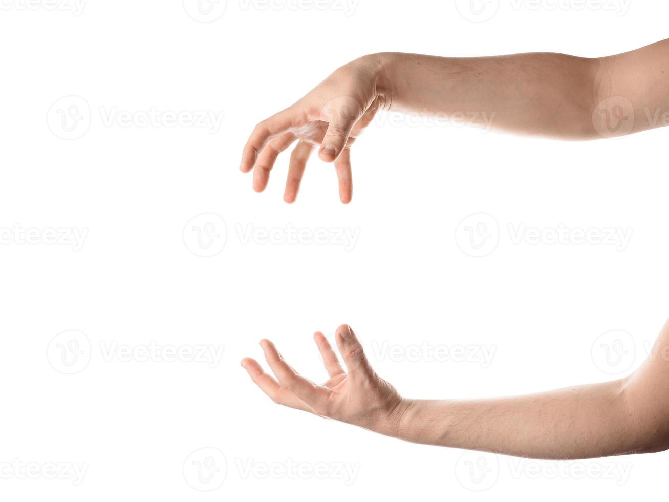 Man hand hold, grab or catch some object, hand gesture. Isolated on white background. photo