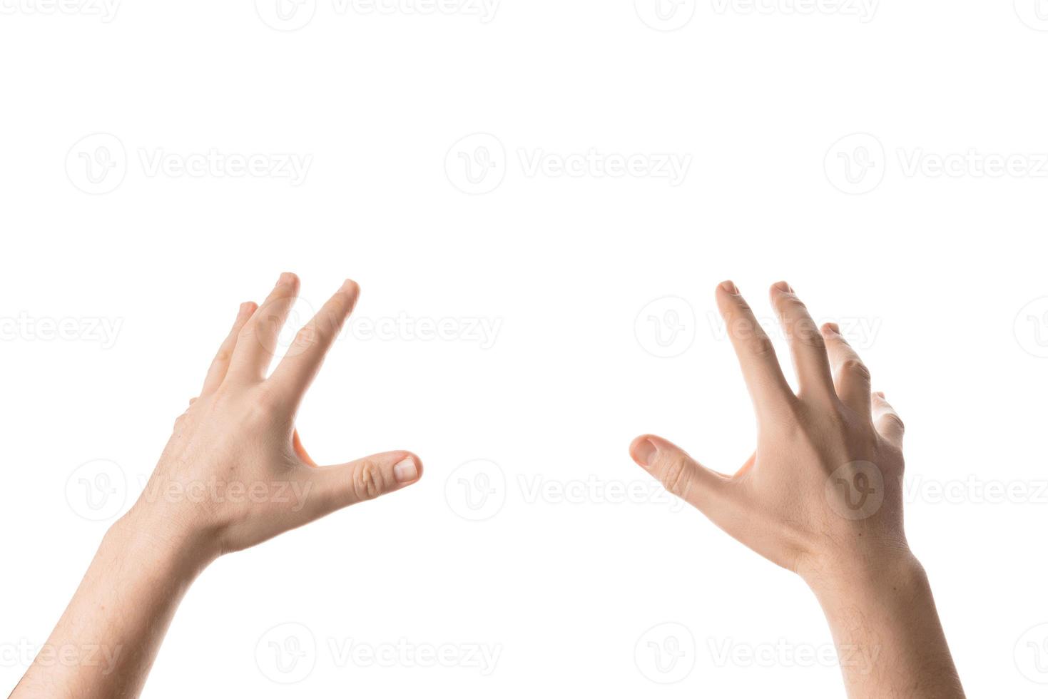 Man hand hold, grab or catch some object, hand gesture. Isolated on white background. photo
